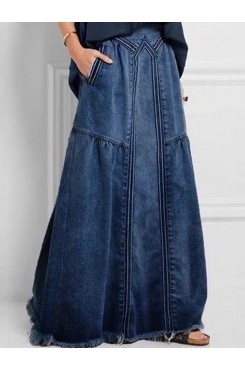 Women Distressed Solid Color Elastic Waist Loose Denim Skirt With Pocket