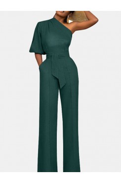 High Waist Solid Pocket Asymmetrical One Shoulder Jumpsuit