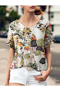 Plant Print V Neck Short Sleeve Casual Blouse