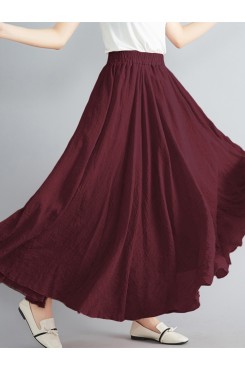 Women Big Swing Solid Color Elastic Waist Loose Casual Long Skirt