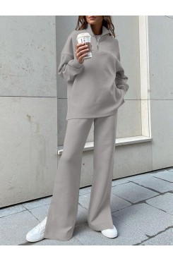 Women Turtleneck Solid Color Ankle Length Zipper Elastic Waist Two  Piece Sets