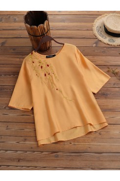 Plants Embroidered Round Neck Half Sleeve Casual Blouse