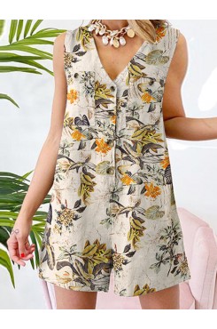 Sleeveless Button Print Flower Pocket Regular Fit Jumpsuit
